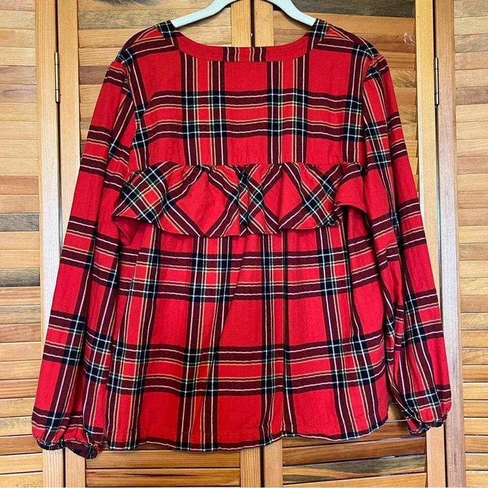 J.CREW Red Plaid Flannel Ruffle Long Sleeve Festive Blouse | size Large